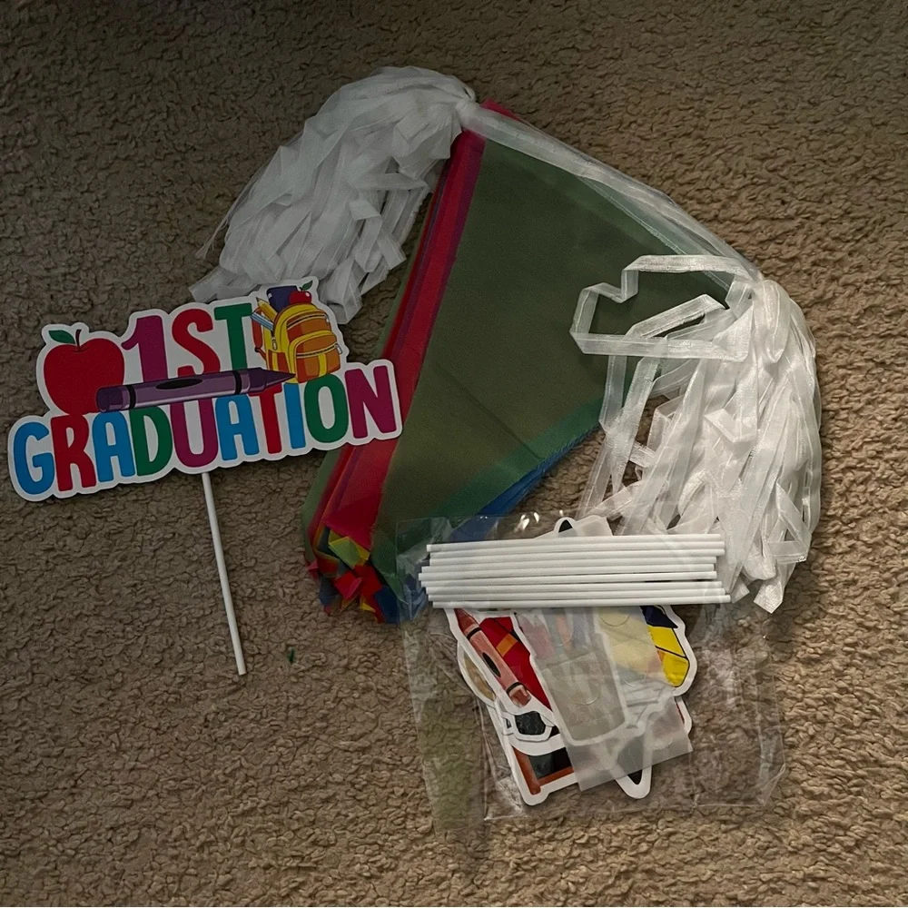 First graduation pennant banner, cake topper, cupcake toppers